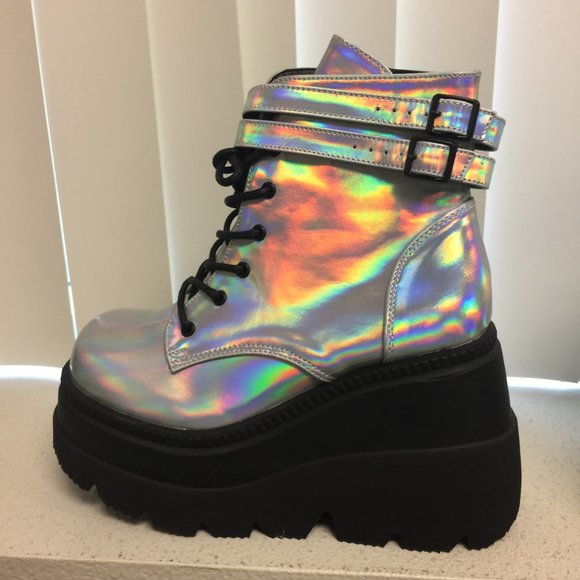 Demonia Silver Holographic Platform Boots - Picture 8 of 13